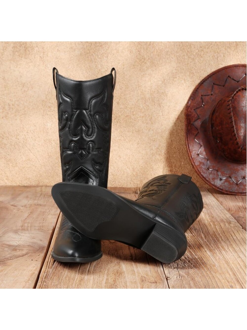 DREAM PAIRS Women's Black Faux Leather Mid-Calf Classic Comfort Cowboy Boots - Picture 5 of 6